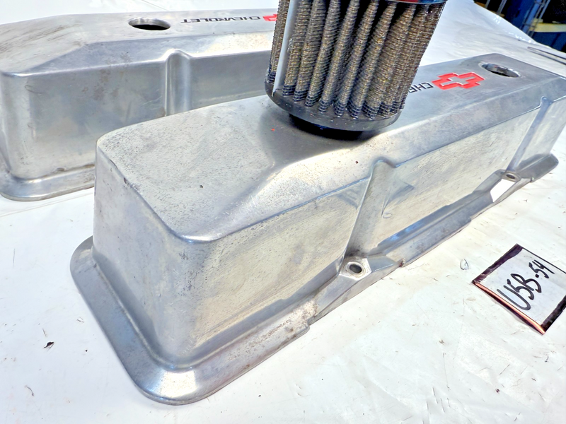 GM SBC Aluminum Polished Valve Covers Red Bowtie Dual Breathes U5B-54