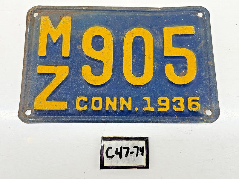 Original Paint 1936 MZ-905 Connecticut License Plate Sign C47-74