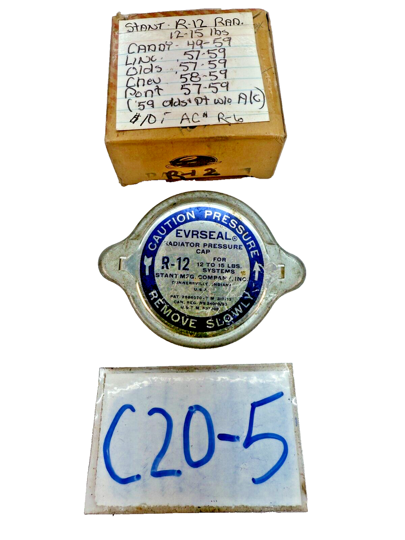 NOs Evrseal 1958 - 63 Chevrolet & Cadillac Stant R-12 Radiator Cap 14 lbs C20-5