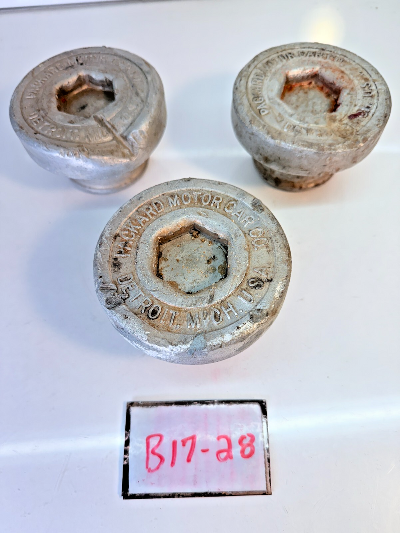 (3) RARE 1920'S PACKARD MOTOR CO. GREASE WHEEL HUB CAP WOODEN WIRE WHEEL B17-28