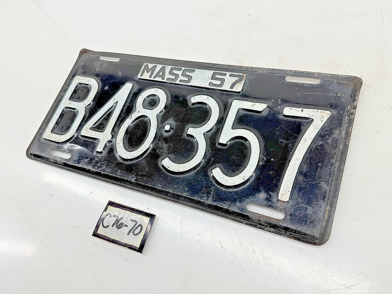 Orig. Paint 1957 B48357 Massachusetts License Plate Sign MA B48-357 C76-70