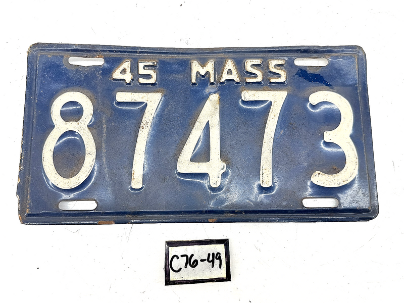 Orig. Paint 1945 87473 Massachusetts License Plate Sign MA 87473 C76-49