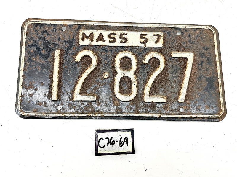 Orig. Paint 1957 12827 Massachusetts License Plate Sign MA 12-827 C76-69
