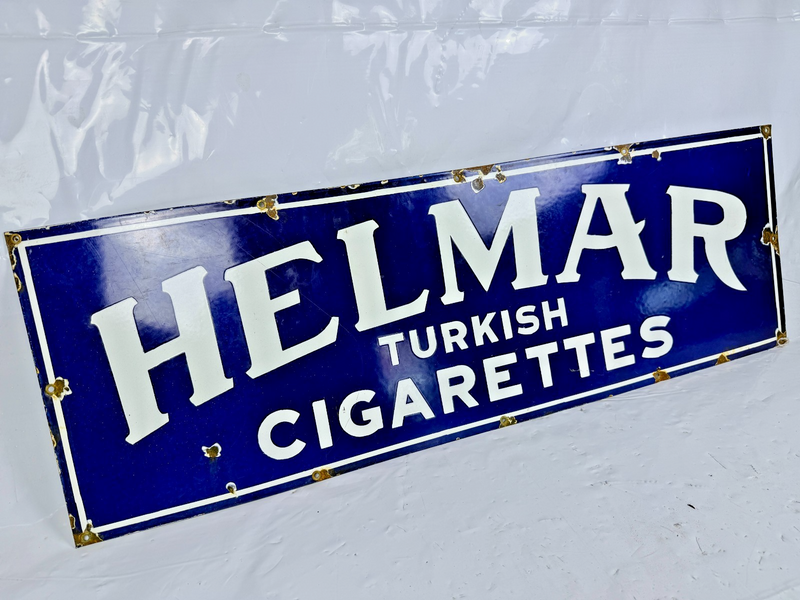 VINTAGE ORIGINAL HELMAR TURKISH CIGARETTES PORCELAIN COBALT BLUE ENAMEL SIGN