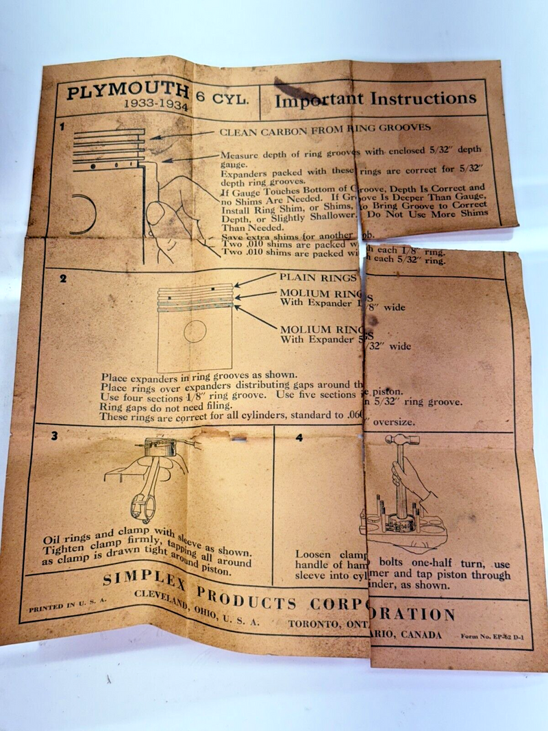 Vintage NOS Simplex MP-62 Piston Ring Set 1933 -1934 Dodge Plymouth 6CYL C20-41