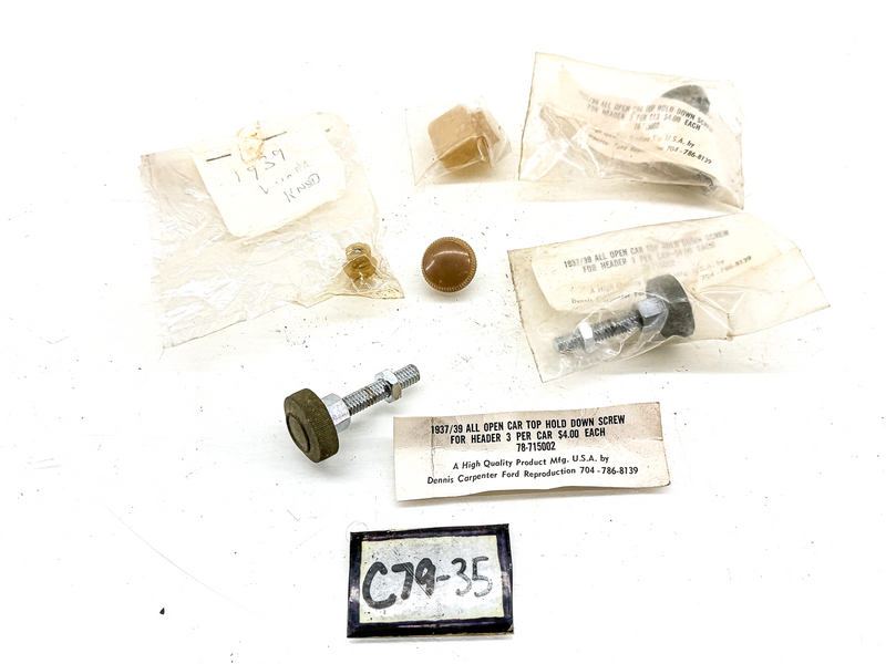 1937 - 1939 FORD OPEN CAR TOP HOLD DOWN SCREWS REPRO + 1939 WIPER KNOB C79-35