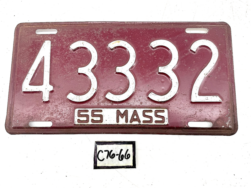 Orig. Paint 1955 43332 Massachusetts License Plate Sign MA 43332 C76-66