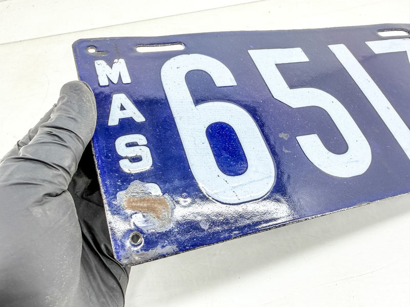 Original Porcelain 1915 6517 Massachusetts License Plate Sign MA 65 17 O-504