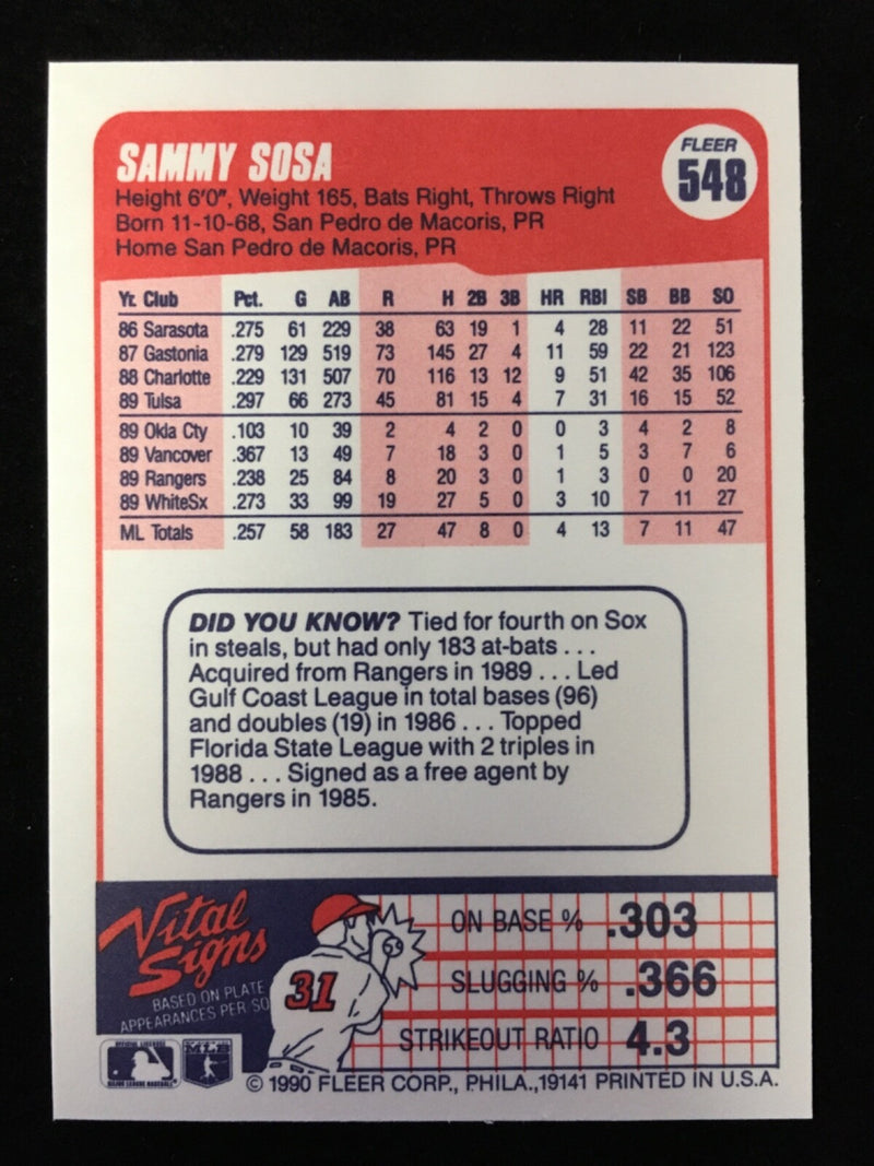 FRESHLY OPENED Sammy Sosa Fleer 1990 #548 Rookie Card ***DOB ERROR***🔥MINT🔥