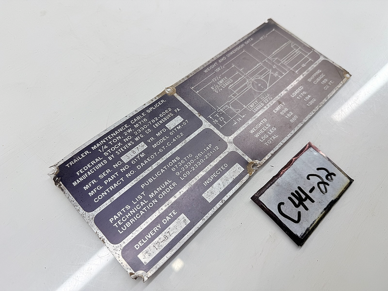 Original Master Data Plate Trailer Maint. Cable Splicer 617M-67 Willys C44-22