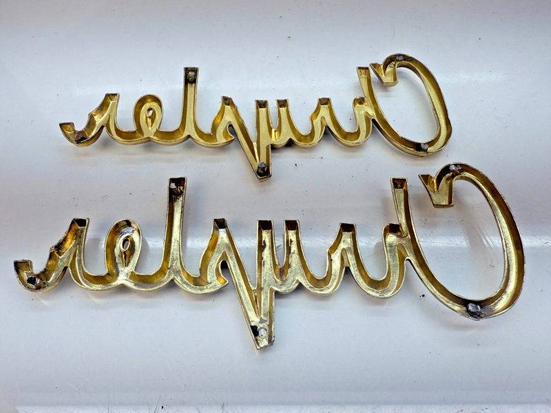 OEM 1962 CHRYSLER NEWPORT WINSOR GOLD PAIR of FRONT FENDER EMBLEM BADGE B32-321