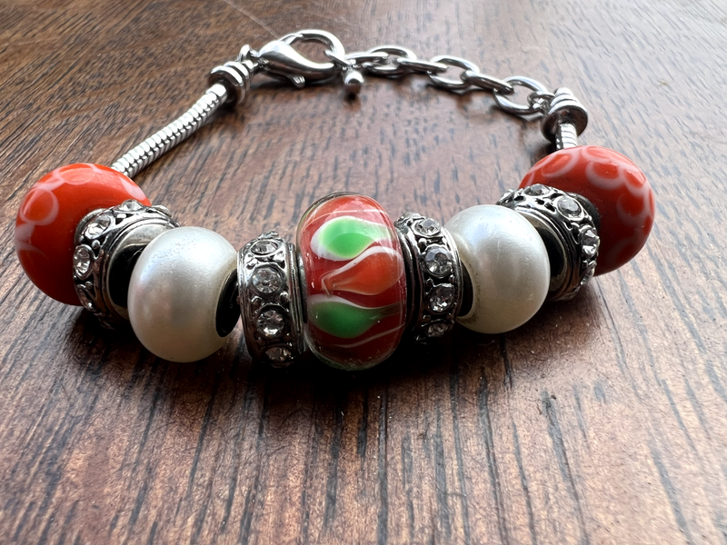 Adjust Silver Tone Charm Bracelet with Orange/Green/White/Silver Glass Beads HB1