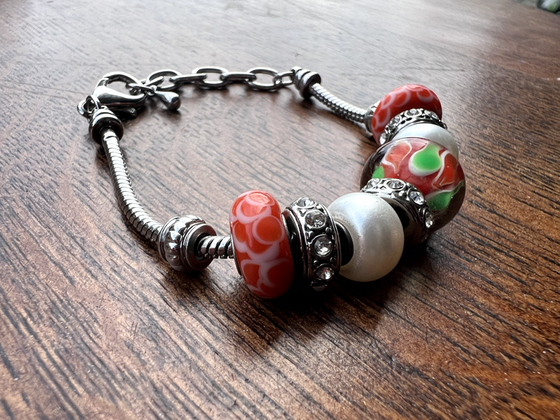 Adjust Silver Tone Charm Bracelet with Orange/Green/White/Silver Glass Beads HB1