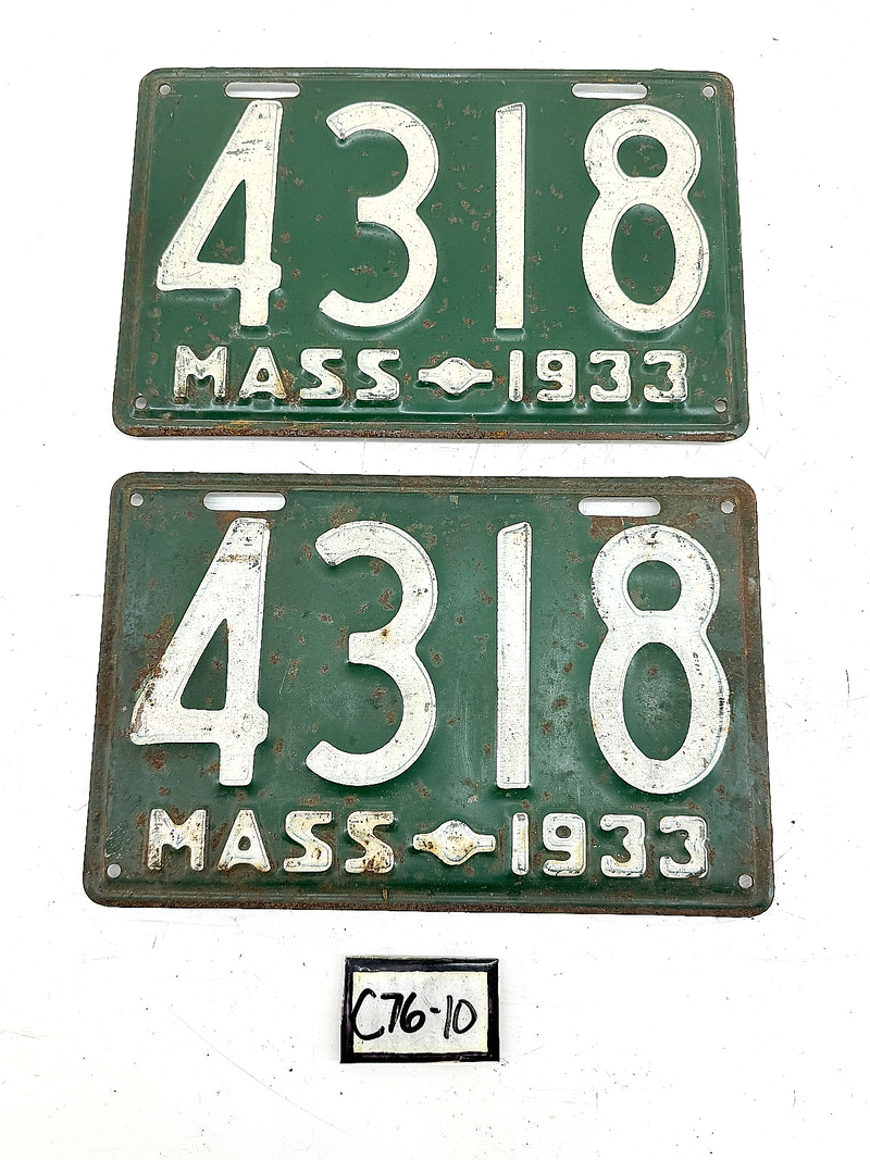 Orig. Paint PAIR 1933 4318 Massachusetts License Plate Sign MA 4318 C76-10